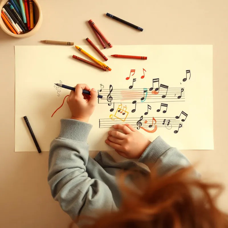Niña dibujando notas musicales