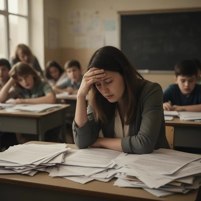 Docente cansada rodeada de papeles y planificaciones